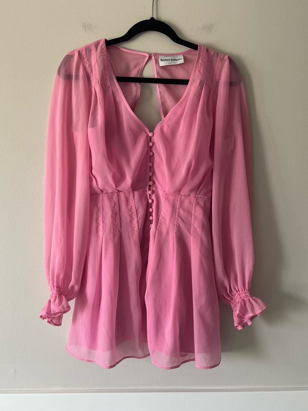 Finders Keepers Pink Sheer Babydoll Blouse Button Front Puff Sleeve Top S